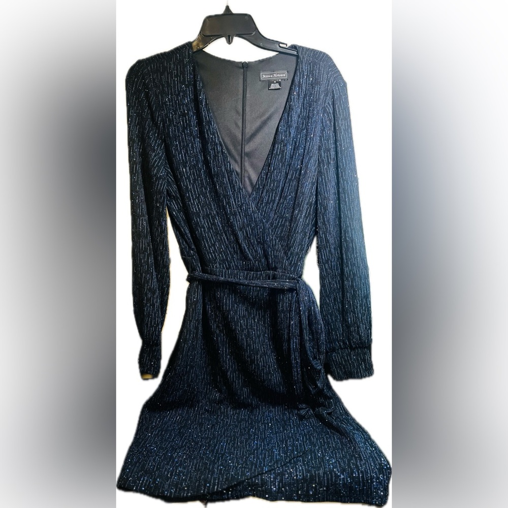 Jessica Howard Blue Metallic Stretch Lurex Faux Wrap Fit Flare size 16 new NWOT